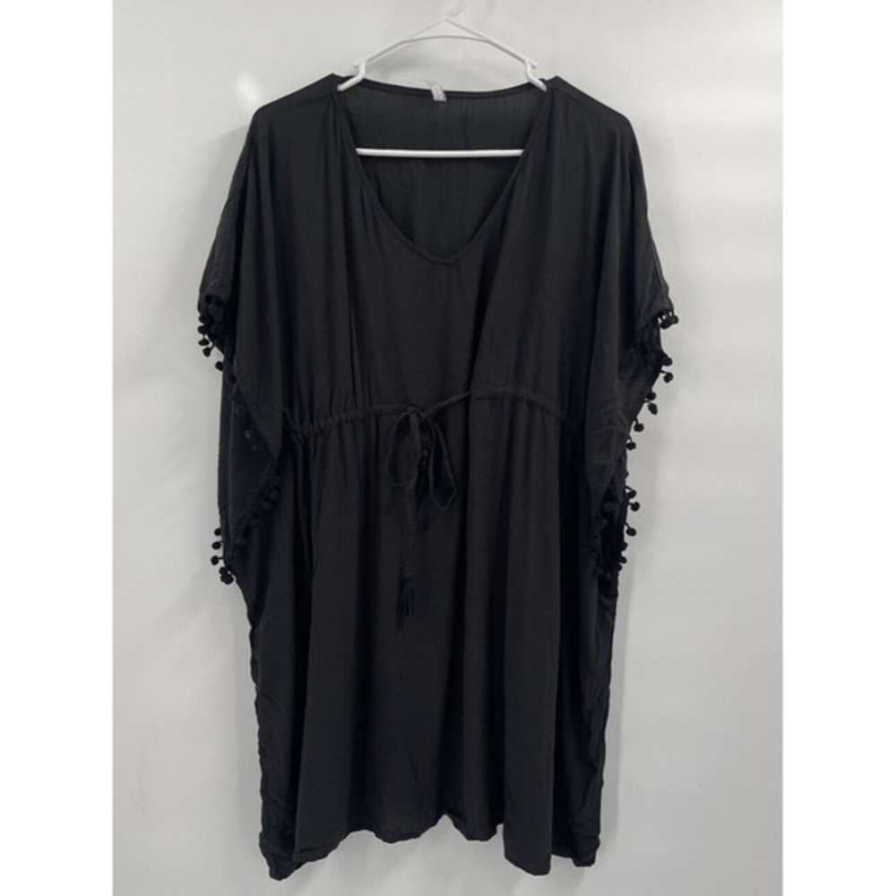 Wave Zone S/M Kaftan Swim Cover Up Womens Black Excellent Pom Pom‎ Trim Rayon